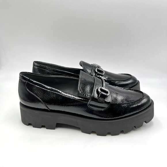 Franco Sarto Size 10 Bergamot Black Textured Patent Lug Sole Loafers Shoes - Picture 1 of 13